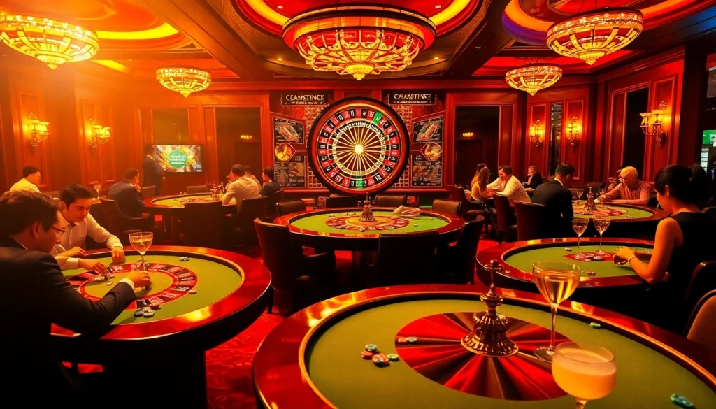 Dive into the thrilling ambiance of a casino at https://sunwin10.de.com/, with players at poker tables amid vibrant colors.